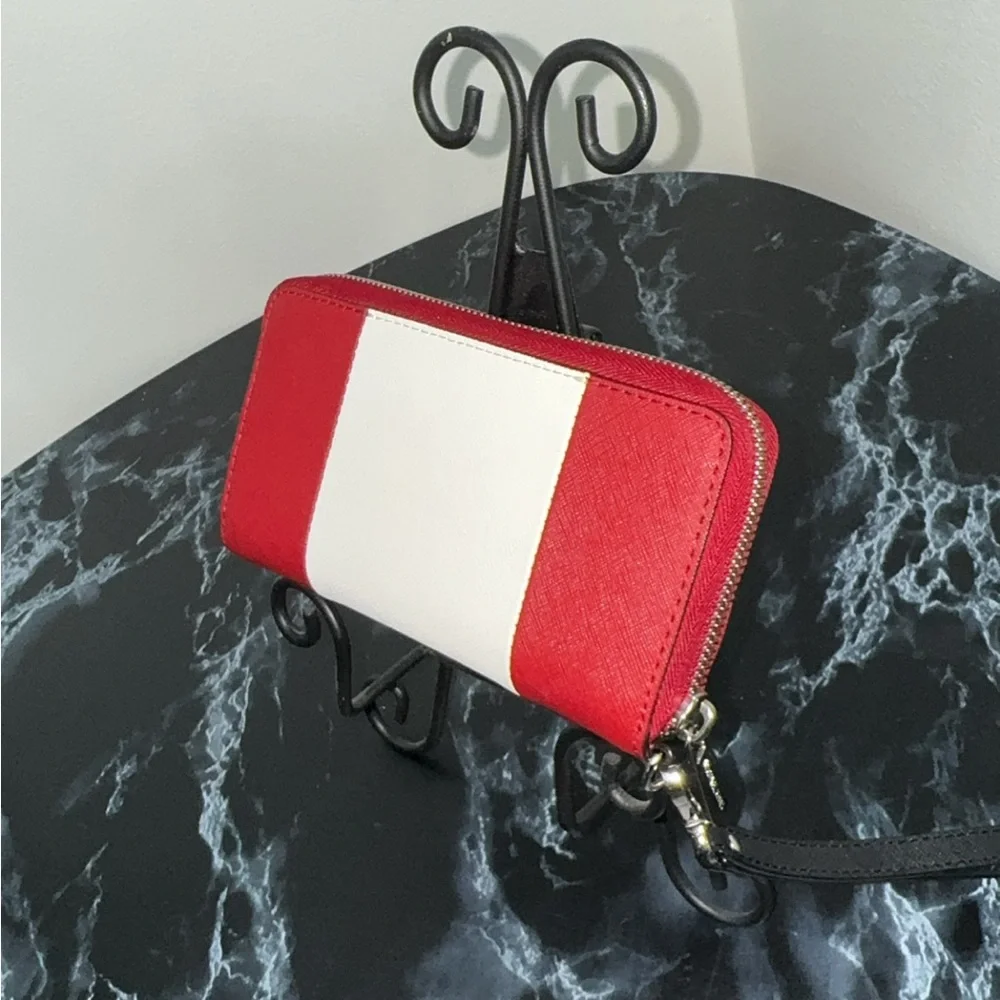 Michael Kors Large Wallet Wristlet Clutch Leather Zip Red White AUTHENTIC - Picture 3 of 9